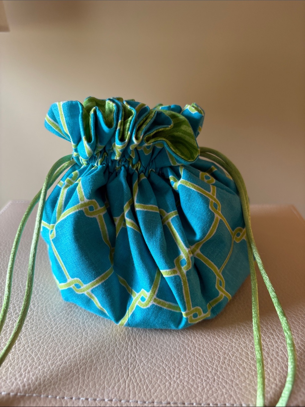 Turquoise Drawstring Pouch with Green Geometric Print